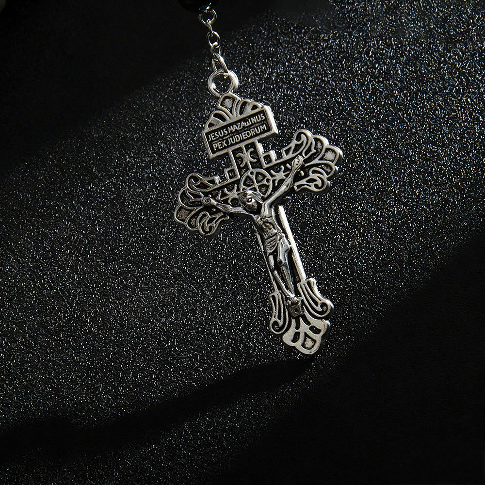 Hematite Bead Car Pendant with St. Michael Medal & Crucifix: A Gift of Heavenly Protection & Strength