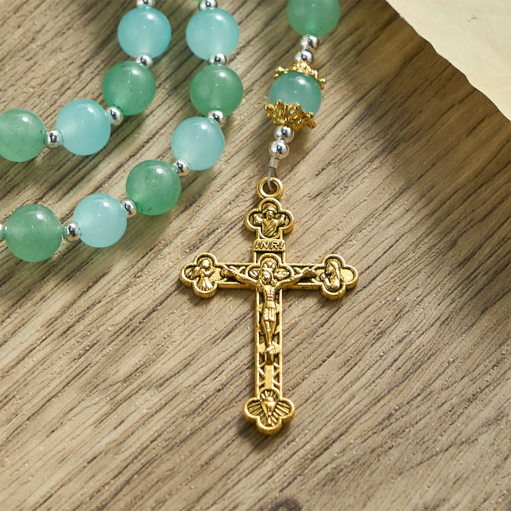Aventurine & Aquamarine-Hued Glass Rosary with Our Lady Medal & Ornate Crucifix