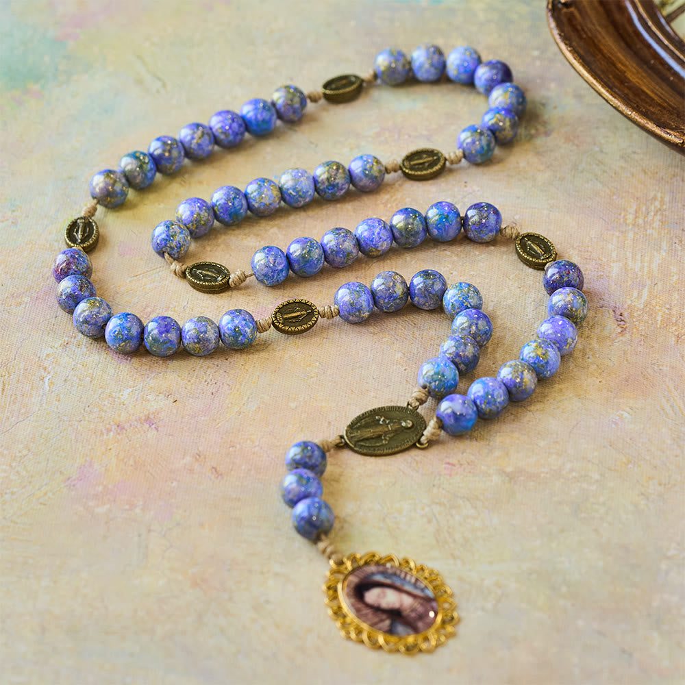 Blessed Our Lady Seven Sorrows Rosary with Purple Blue Oil-Paint Beads & Our Lady Medal