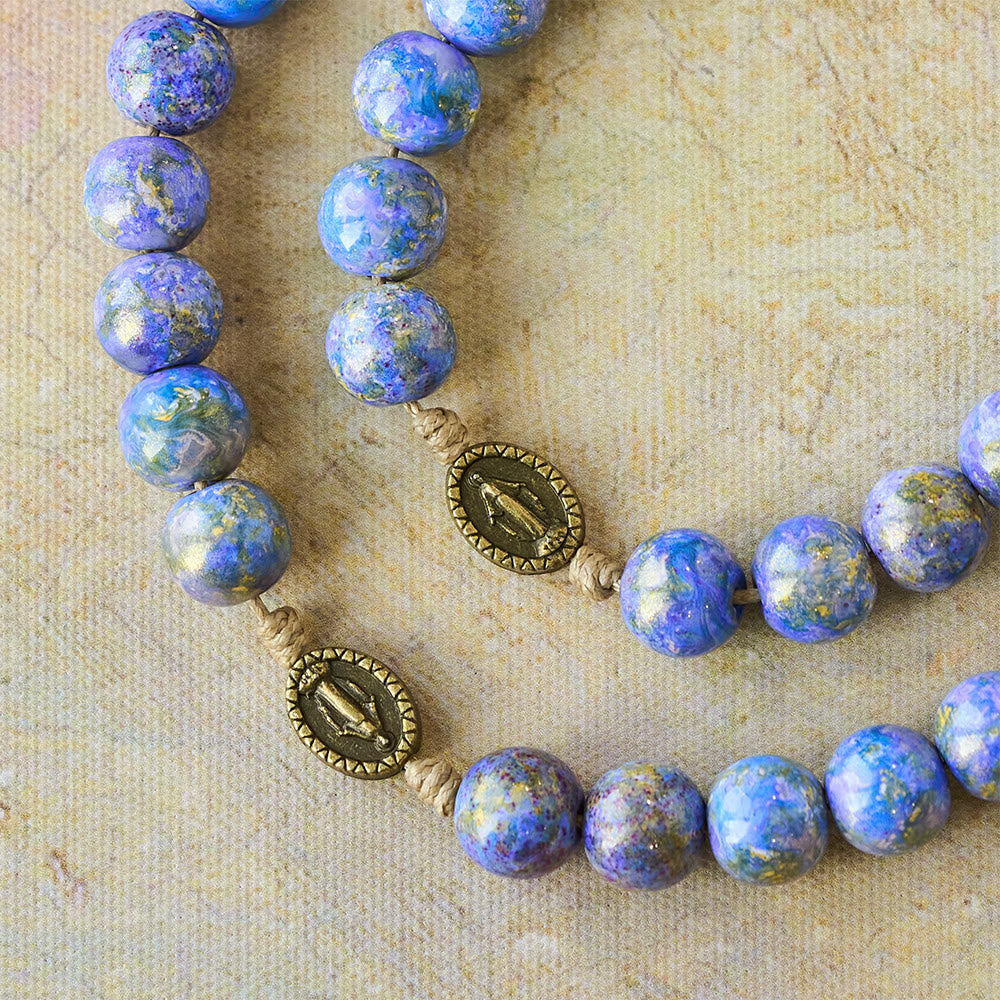 Blessed Our Lady Seven Sorrows Rosary with Purple Blue Oil-Paint Beads & Our Lady Medal