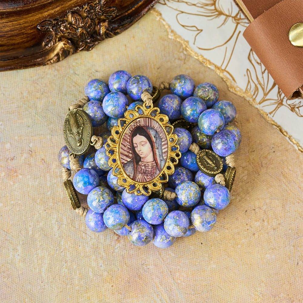 Blessed Our Lady Seven Sorrows Rosary with Purple Blue Oil-Paint Beads & Our Lady Medal