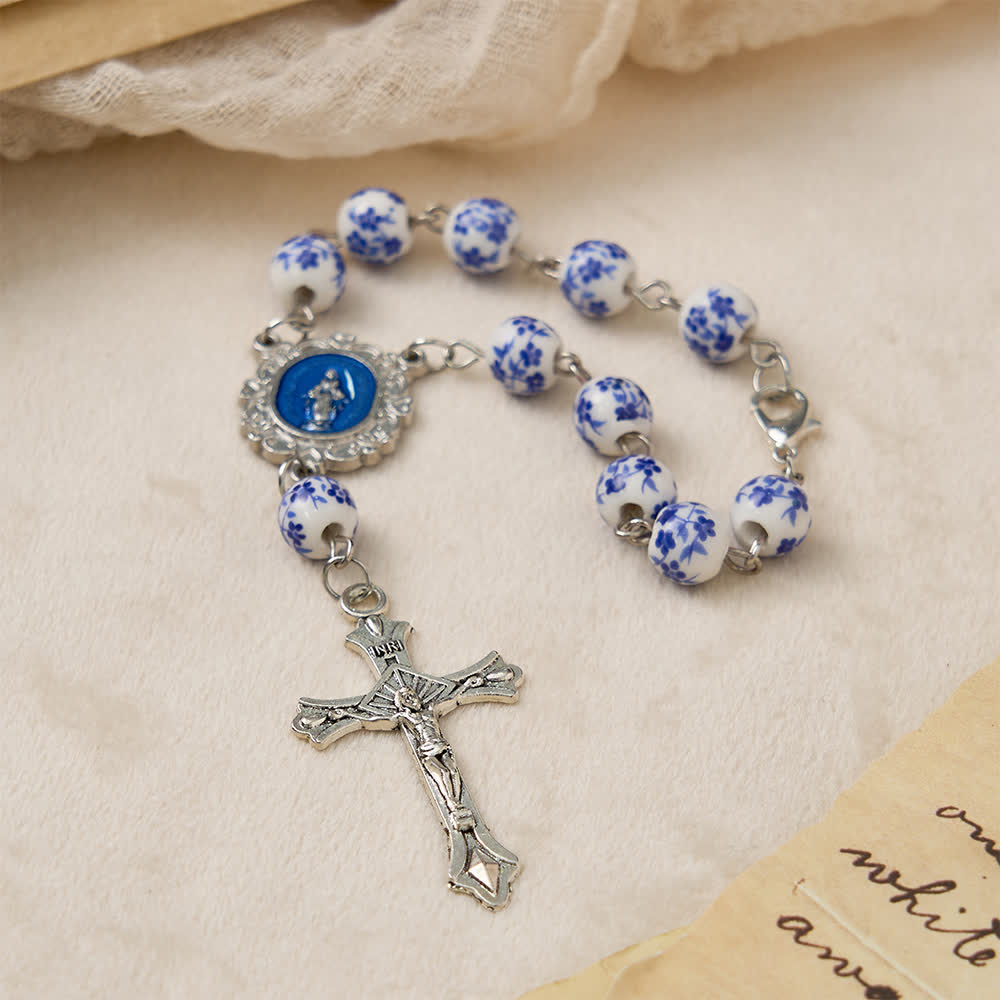 Blue Flower Ceramic Auto Rosary: A Symbol of Marian Protection for Car