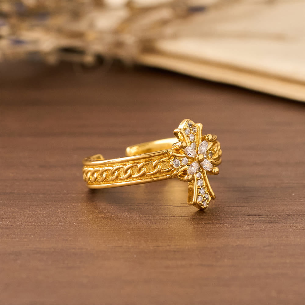 Zircon Cross Enamel Fleur-de-Lis Ring Set: Emblem of Divine Purity & Redemption