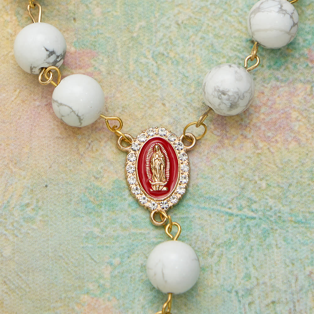 Howlite Bead Pocket Rosary with Red Enamel Our Lady Medal & Golden Crucifix