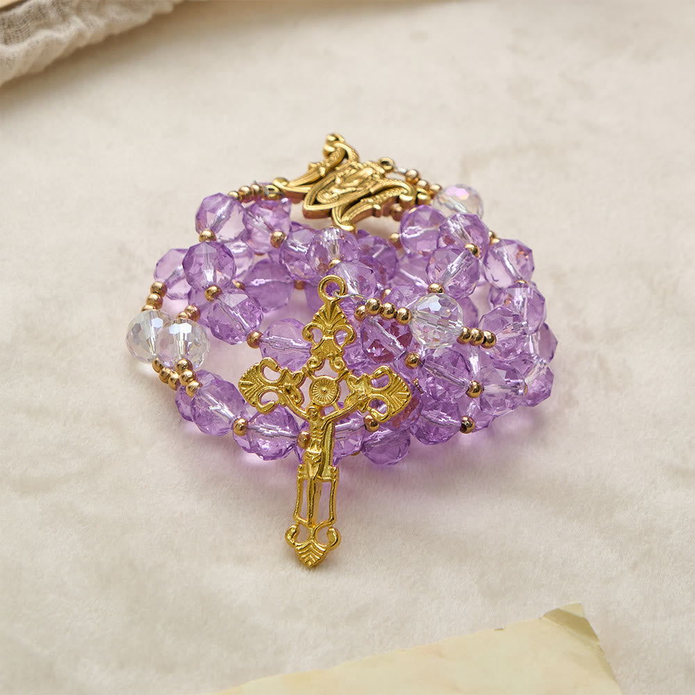 Faceted Purple Glass Rosary with Our Lady Medal: Emblem of Divine Light & Marian Grace