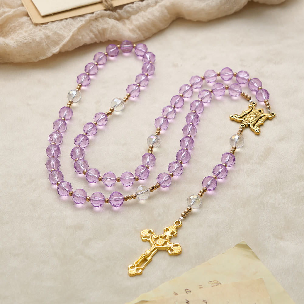 Faceted Purple Glass Rosary with Our Lady Medal: Emblem of Divine Light & Marian Grace
