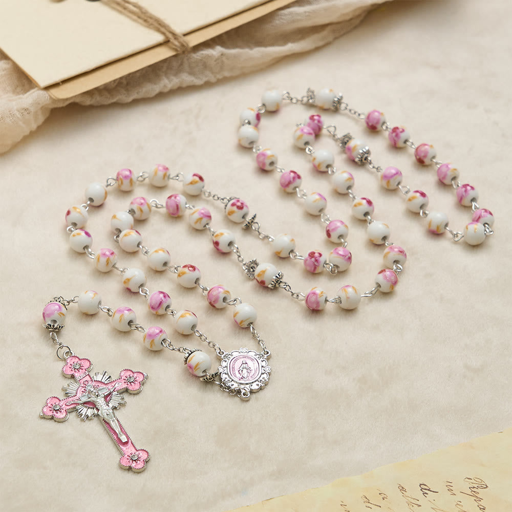 Floral Ceramic Bead Rosary with Enamel Our Lady Medal & Pink Crucifix