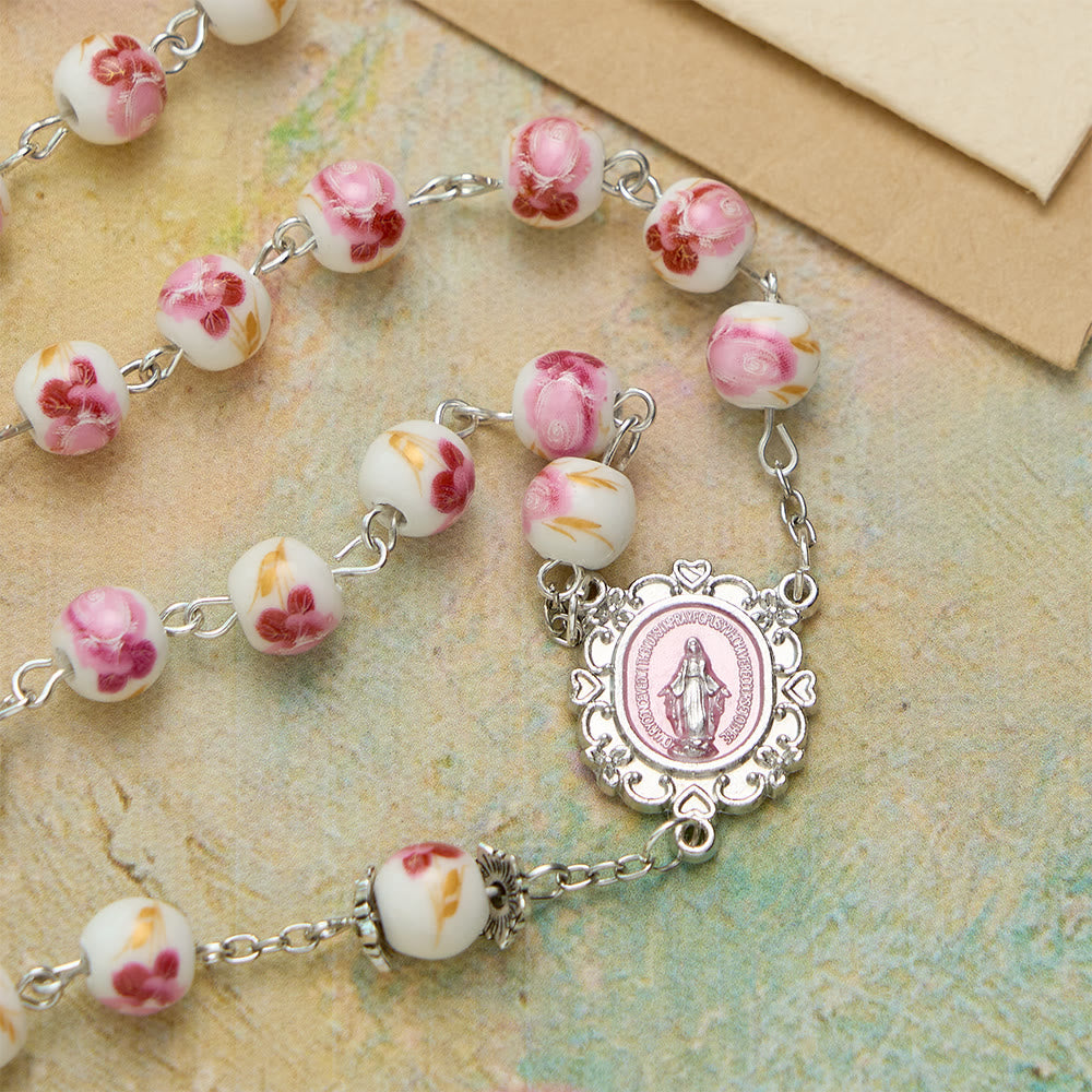 Floral Ceramic Bead Rosary with Enamel Our Lady Medal & Pink Crucifix