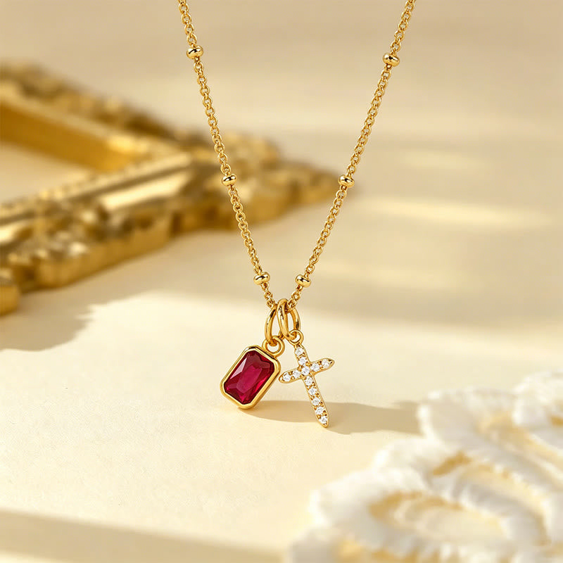 Sacred Cross & Rectangular Gem Birthstone Necklace: Symbol Of Divine Grace & Devotion