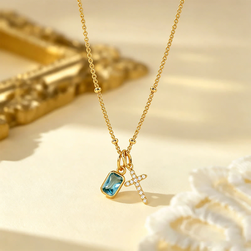 Sacred Cross & Rectangular Gem Birthstone Necklace: Symbol Of Divine Grace & Devotion