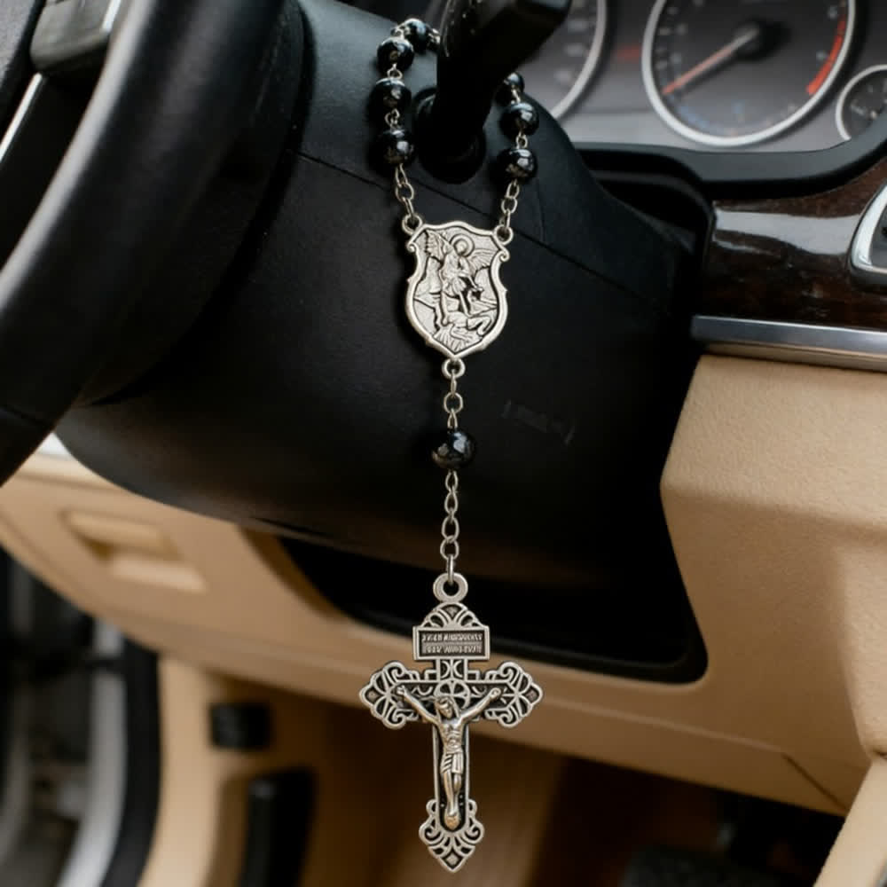 Hematite Bead Car Pendant with St. Michael Medal & Crucifix: A Gift of Heavenly Protection & Strength