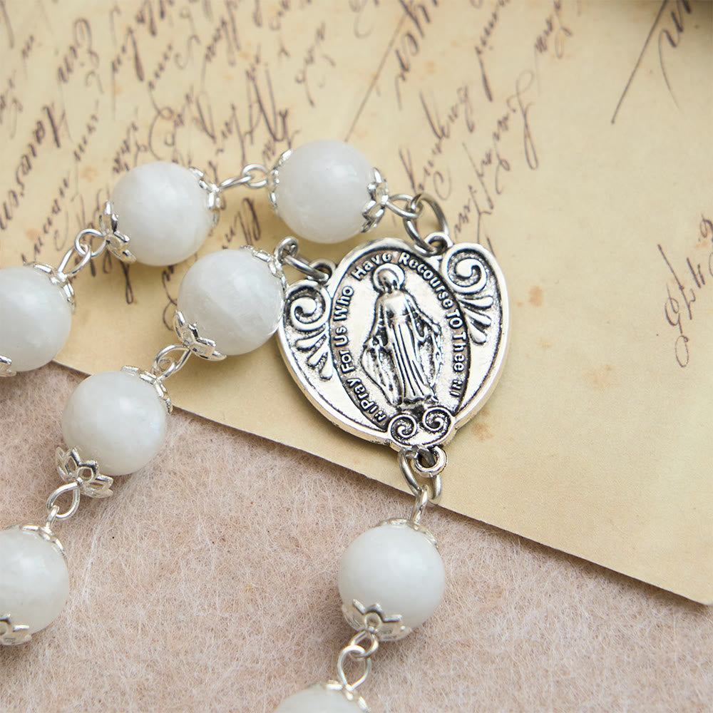 Marian Grace Moonstone Rosary: Silver-Toned Crucifix for Sacred Devotion