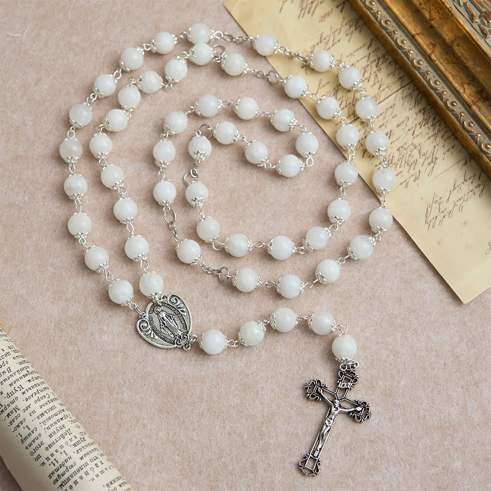 Marian Grace Moonstone Rosary: Silver-Toned Crucifix for Sacred Devotion
