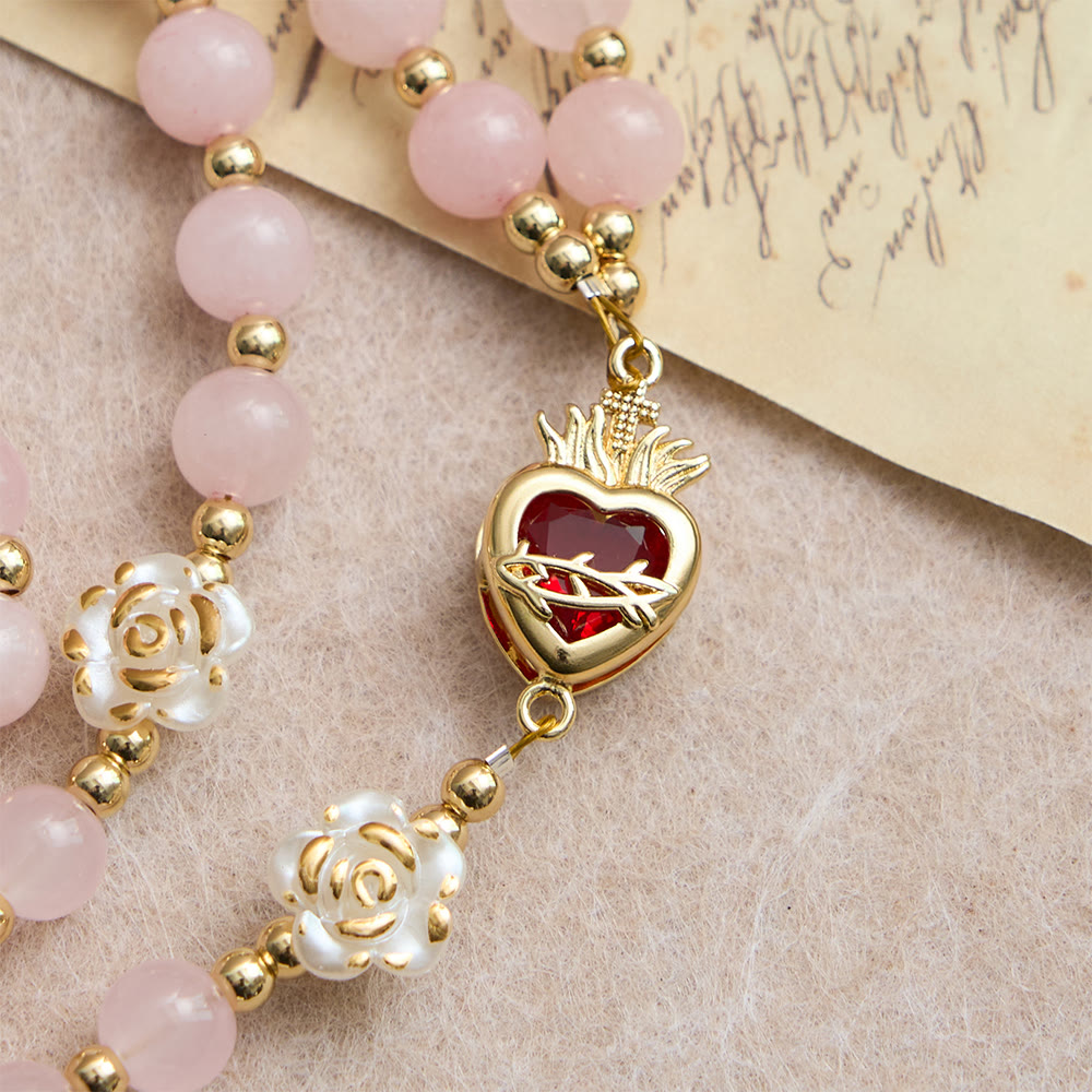 Rose Quartz Seven Sorrow Rosary with Sacred Heart: Emblem of Marian Compassion