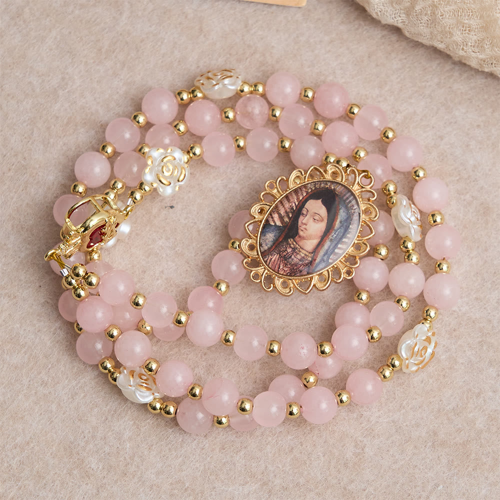Rose Quartz Seven Sorrow Rosary with Sacred Heart: Emblem of Marian Compassion
