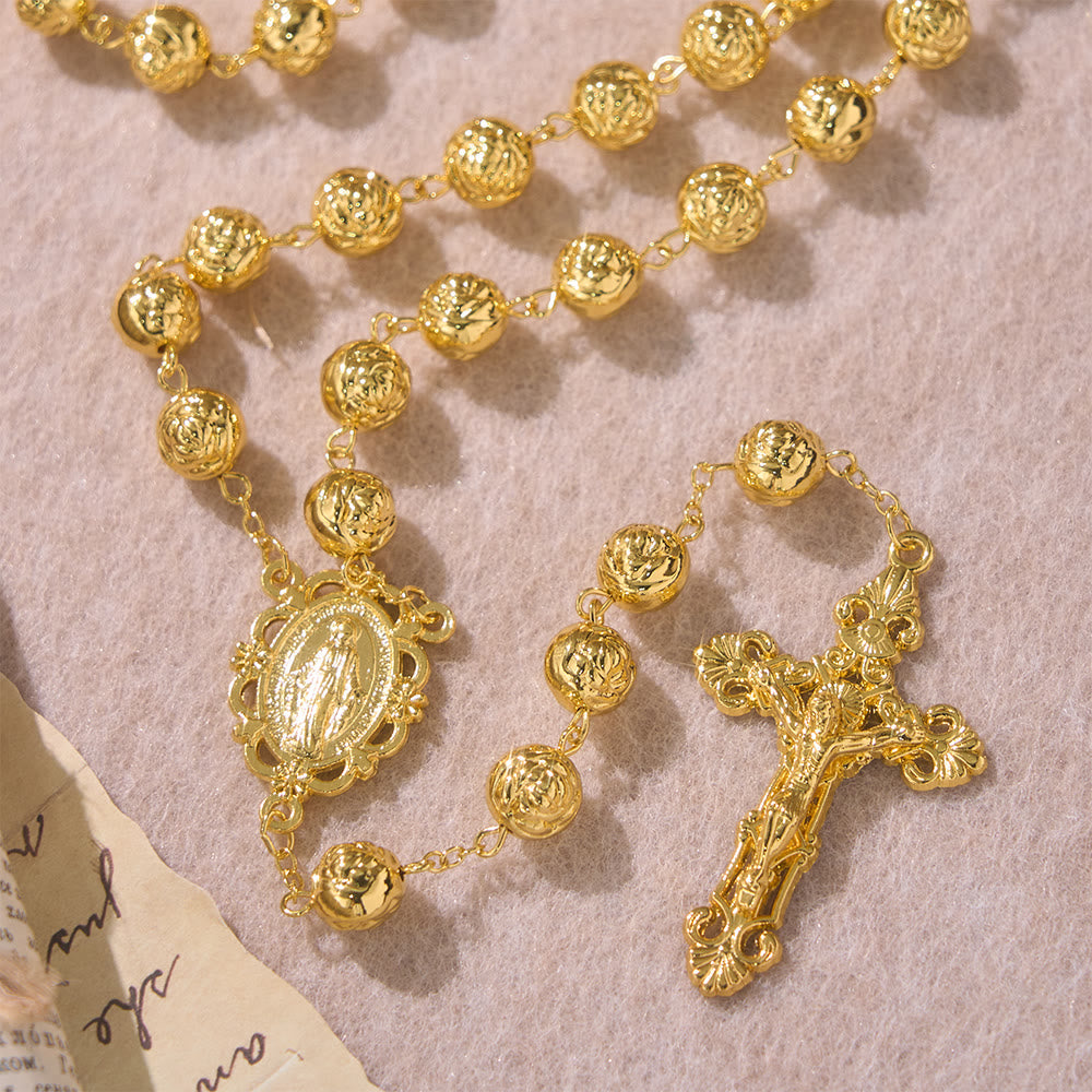 Engraved Rose Bead Our Lady Rosary with Crucifix: Symbol of Devout Prayer