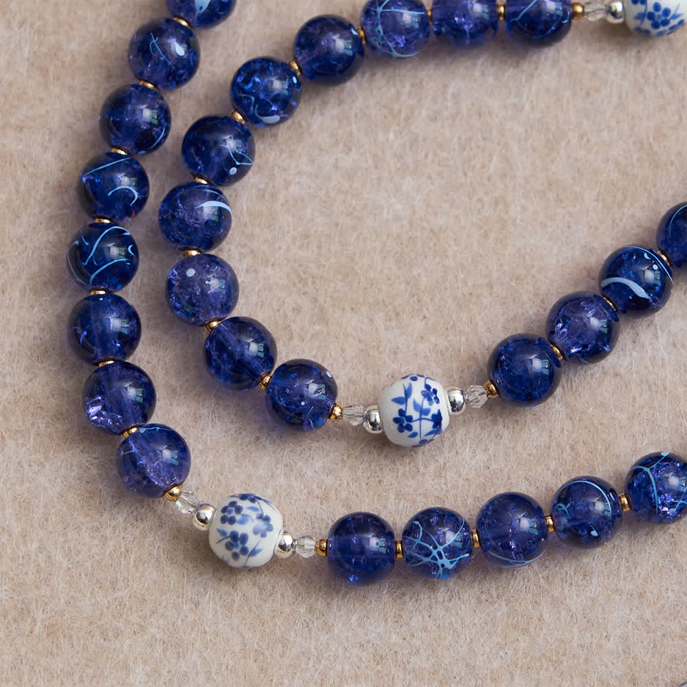 Deep Blue Cracked Glass & Porcelain Beads Rosary with Our Lady of Aparecida Centerpiece