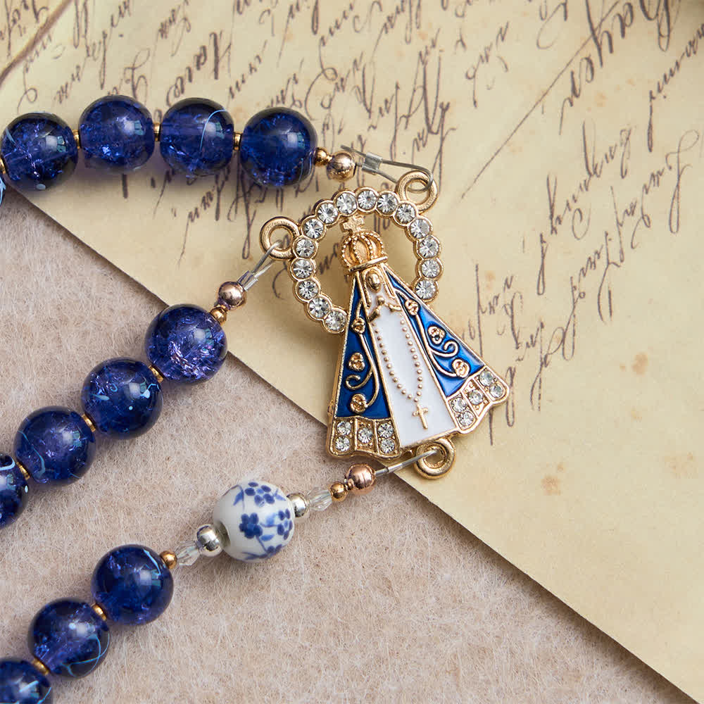 Deep Blue Cracked Glass & Porcelain Beads Rosary with Our Lady of Aparecida Centerpiece
