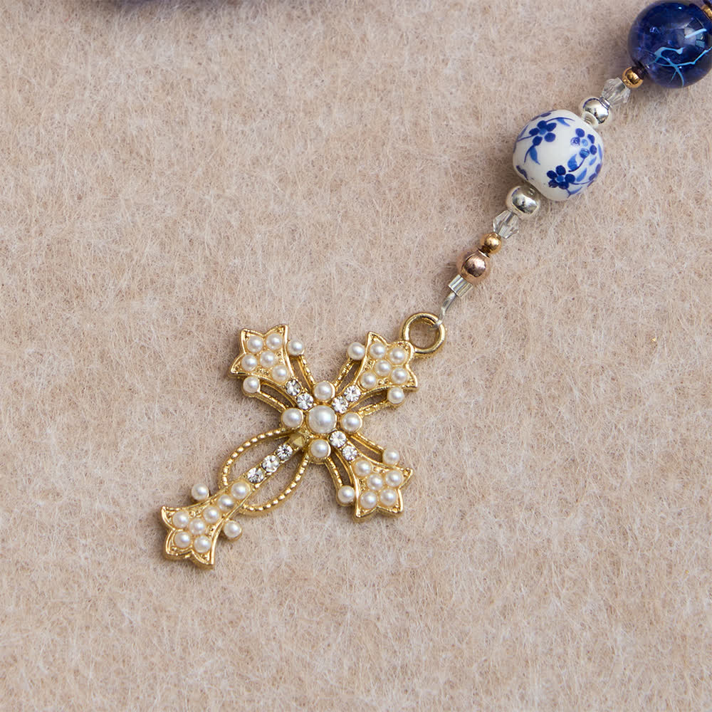 Deep Blue Cracked Glass & Porcelain Beads Rosary with Our Lady of Aparecida Centerpiece