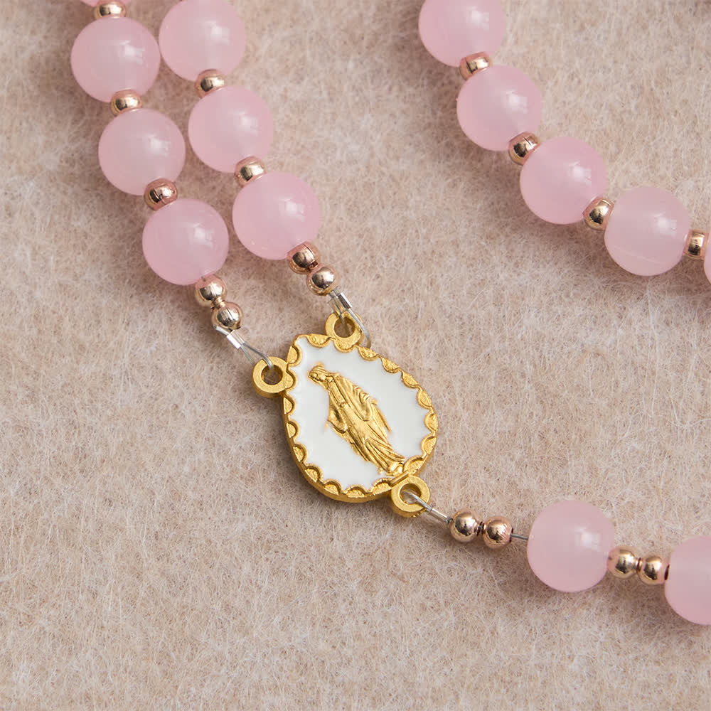 Light Pink Glass Rosary with Sunflower Our Father Beads & Our Lady Center