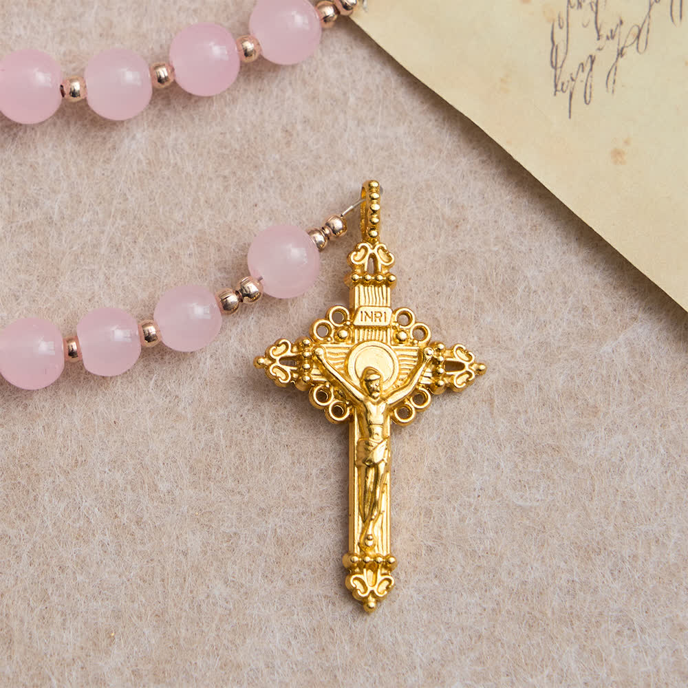 Light Pink Glass Rosary with Sunflower Our Father Beads & Our Lady Center