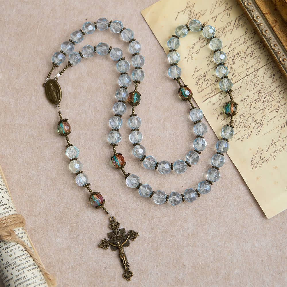 Antique Bronze Our Lady Heirloom Rosary with Iridescent Blue Glass