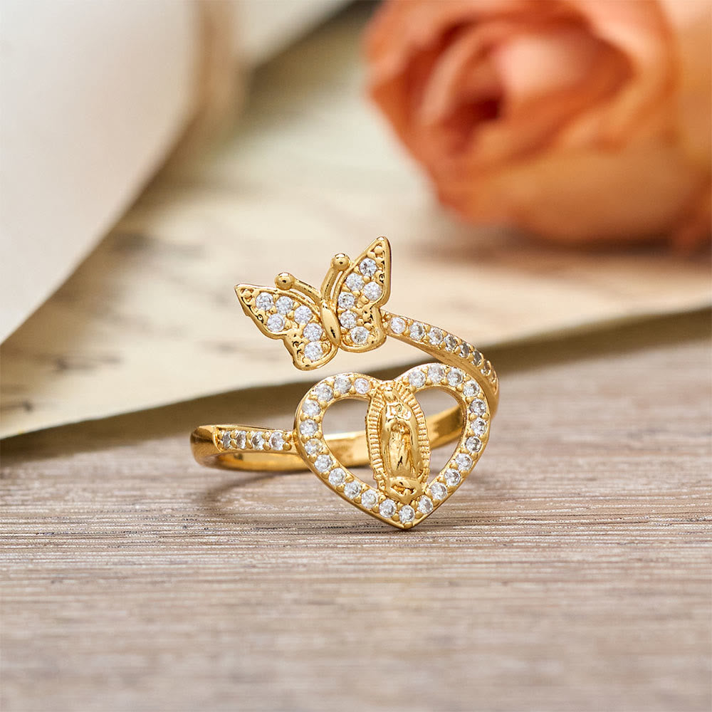 Dual Motif Butterfly & Heart Our Lady Ring: Symbol of Sacred Love and Grace