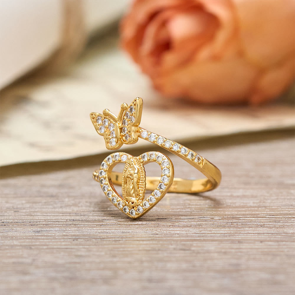 Dual Motif Butterfly & Heart Our Lady Ring: Symbol of Sacred Love and Grace