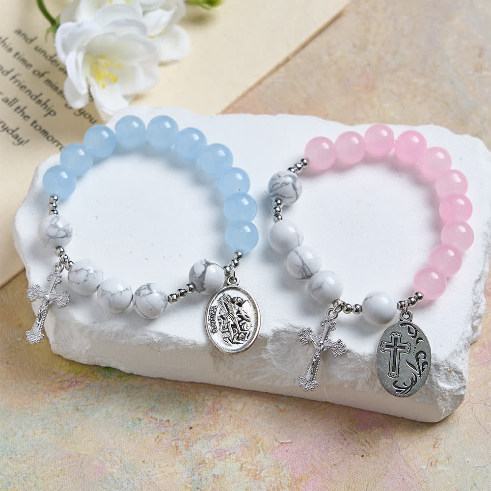 Natural Howlite Stone St. Michael Bracelet: Light Blue & PInk Dual Spiritual Protection