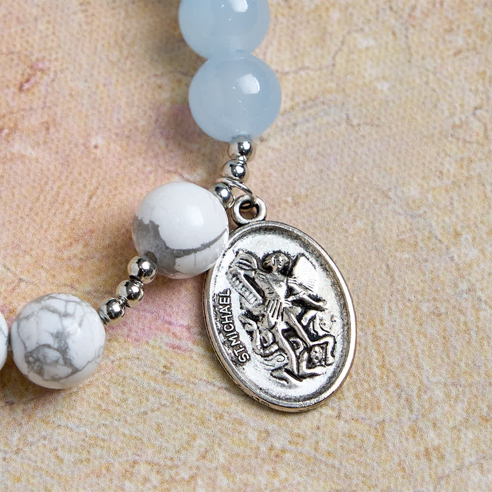 Natural Howlite Stone St. Michael Bracelet: Light Blue & PInk Dual Spiritual Protection