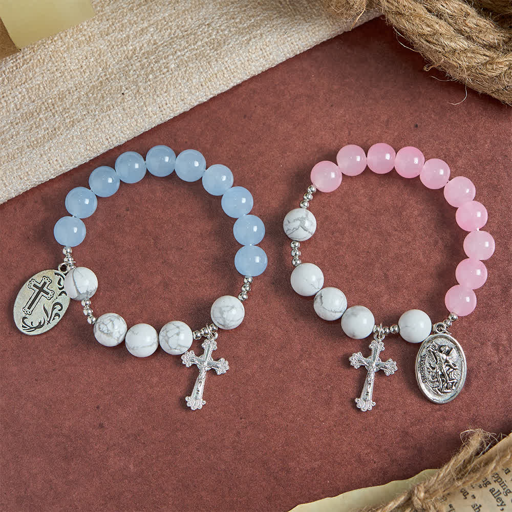 Natural Howlite Stone St. Michael Bracelet: Light Blue & PInk Dual Spiritual Protection