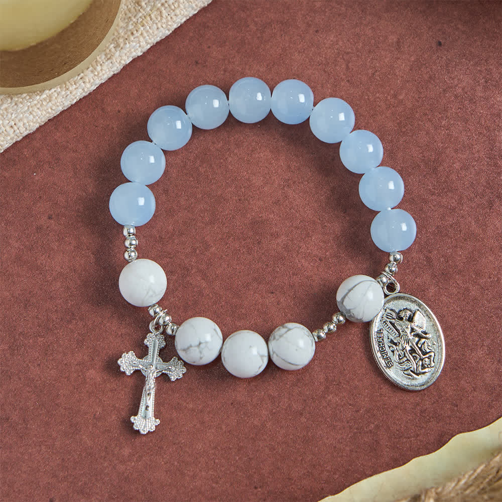 Natural Howlite Stone St. Michael Bracelet: Light Blue & PInk Dual Spiritual Protection