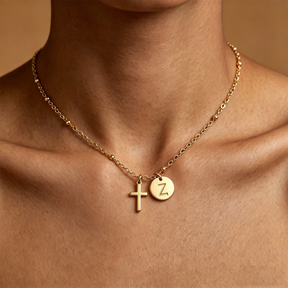 Initial Letter Disc & Cross Pendant Necklace: Timeless Symbol of Personal Faith