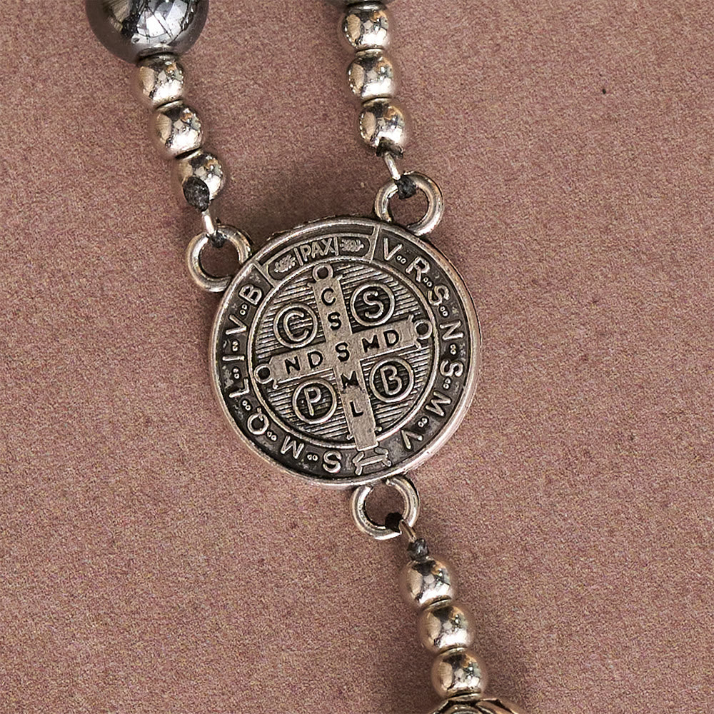 Hematite Rosary with Rose Beads and St. Benedict Medal & Detailed Crucifix