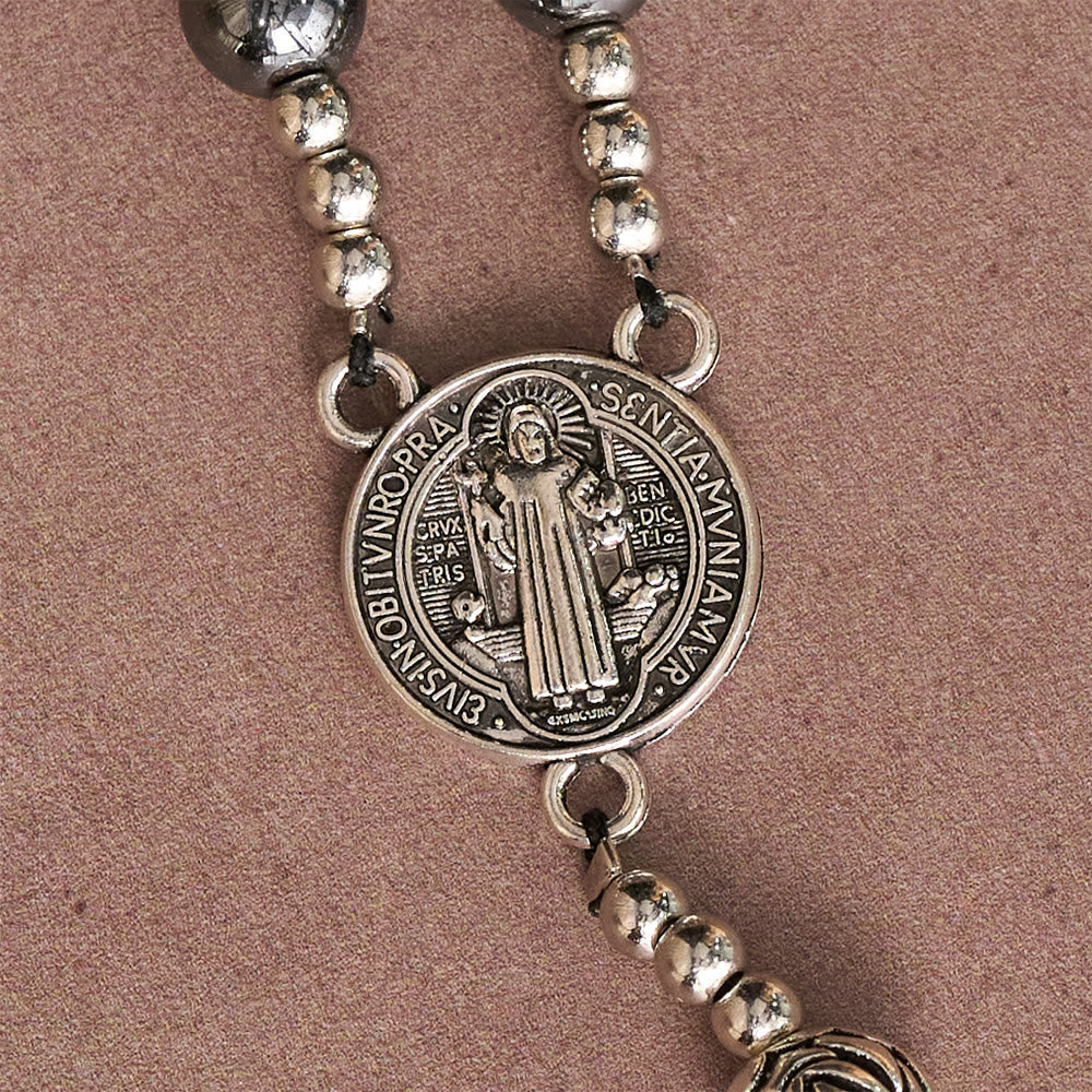 Hematite Rosary with Rose Beads and St. Benedict Medal & Detailed Crucifix