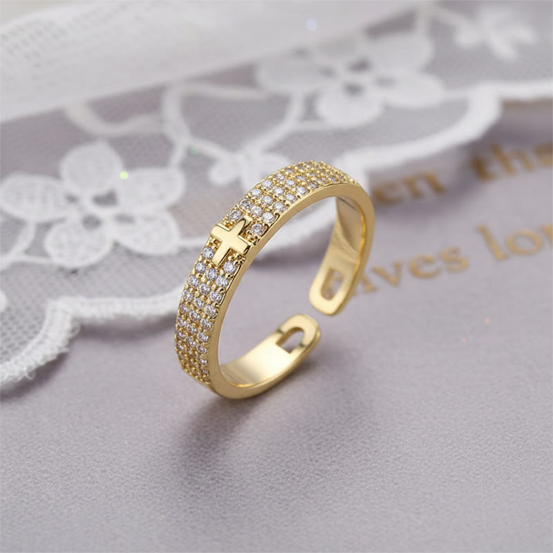 Paved Crystal Cross Open Adjustable Ring: Symbol Of Eternal Hope & Grace