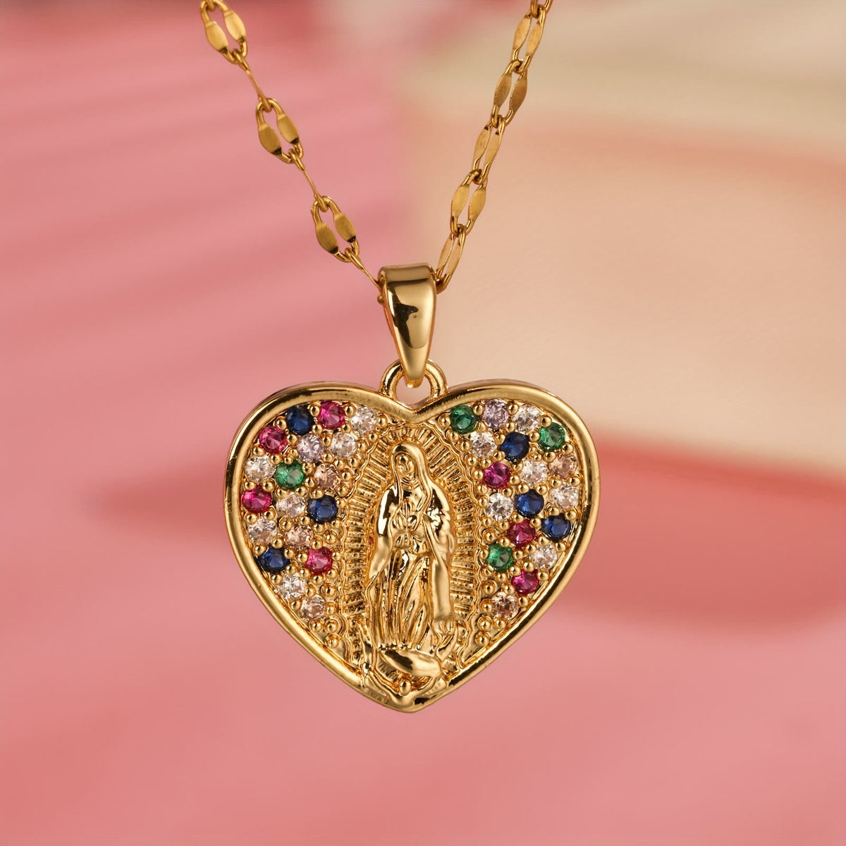Heart Shaped Virgin Mary Necklace With Colorful Zircon: Sacred Symbol Of Marian Grace Faith Pendant