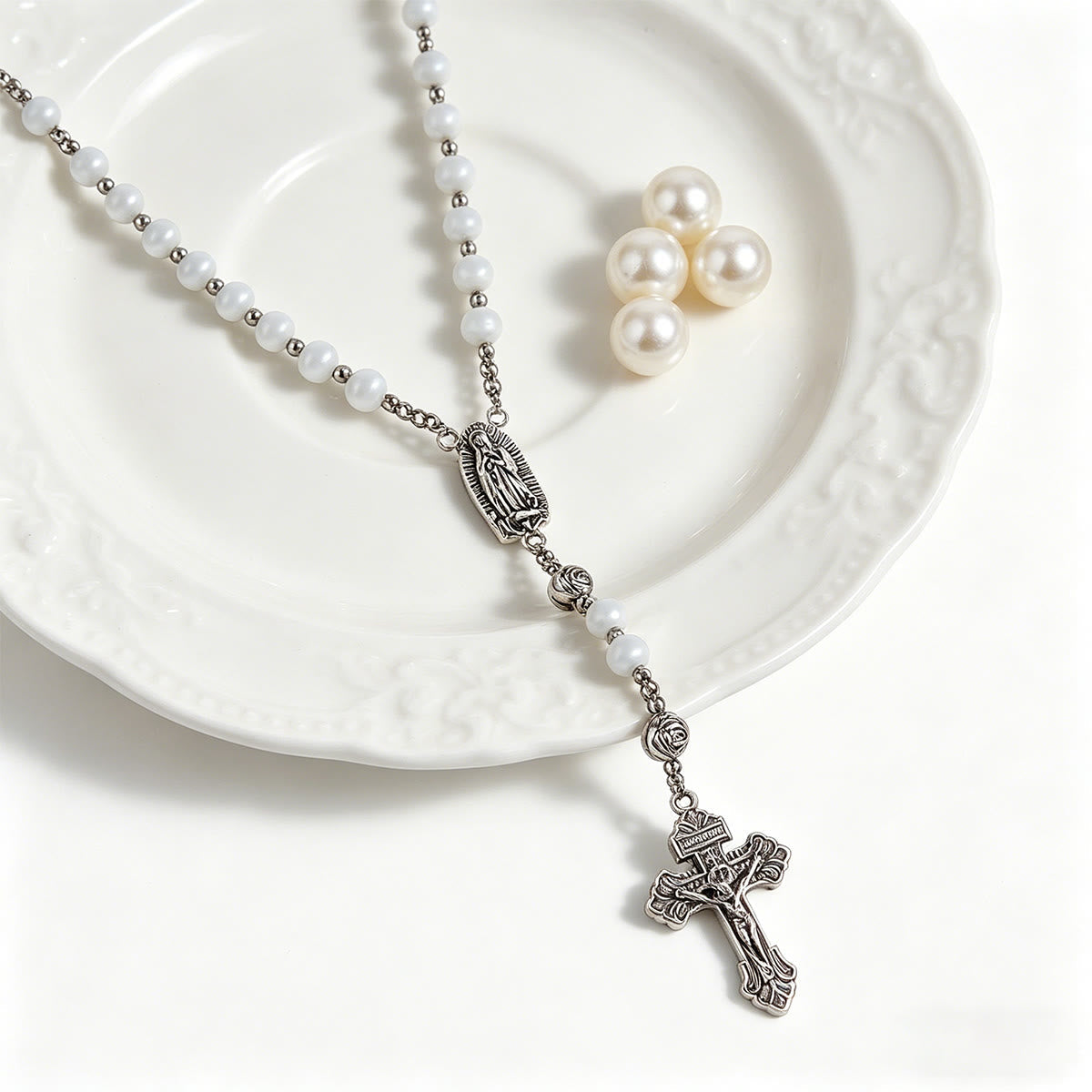 Luminous White Cat Eye Stone Rosary with Our Lady Medal & Ornate Crucifix
