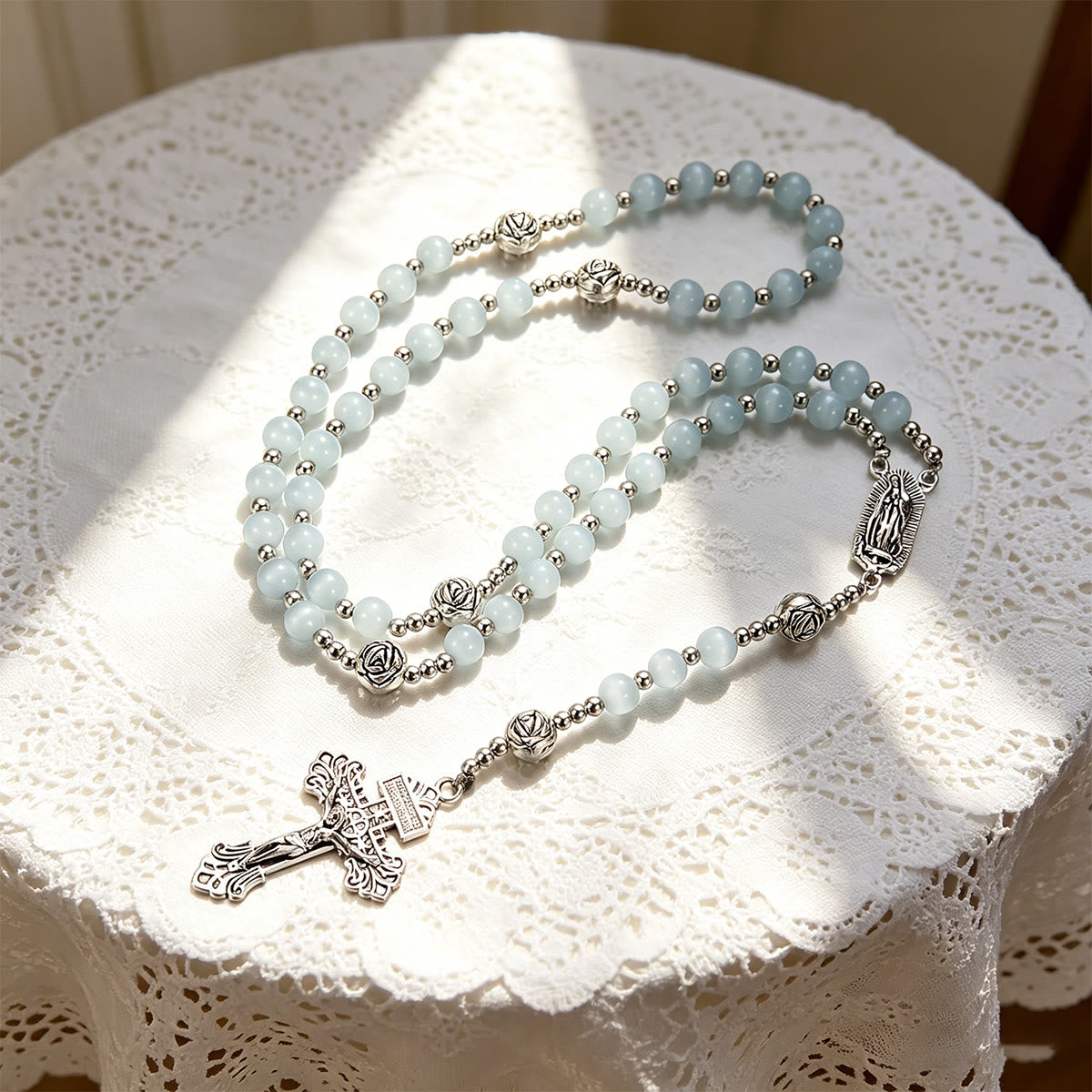 Luminous White Cat Eye Stone Rosary with Our Lady Medal & Ornate Crucifix