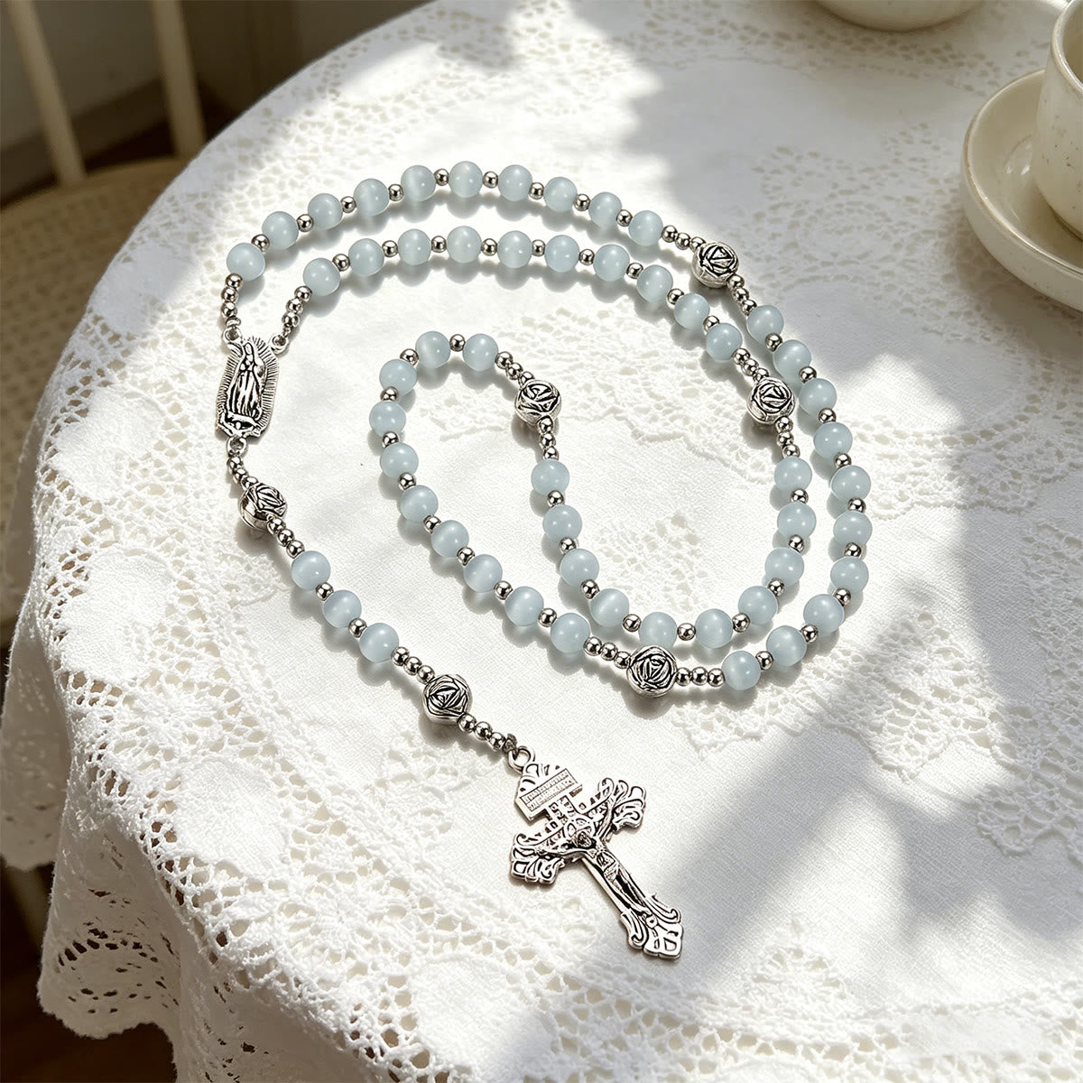 Luminous White Cat Eye Stone Rosary with Our Lady Medal & Ornate Crucifix