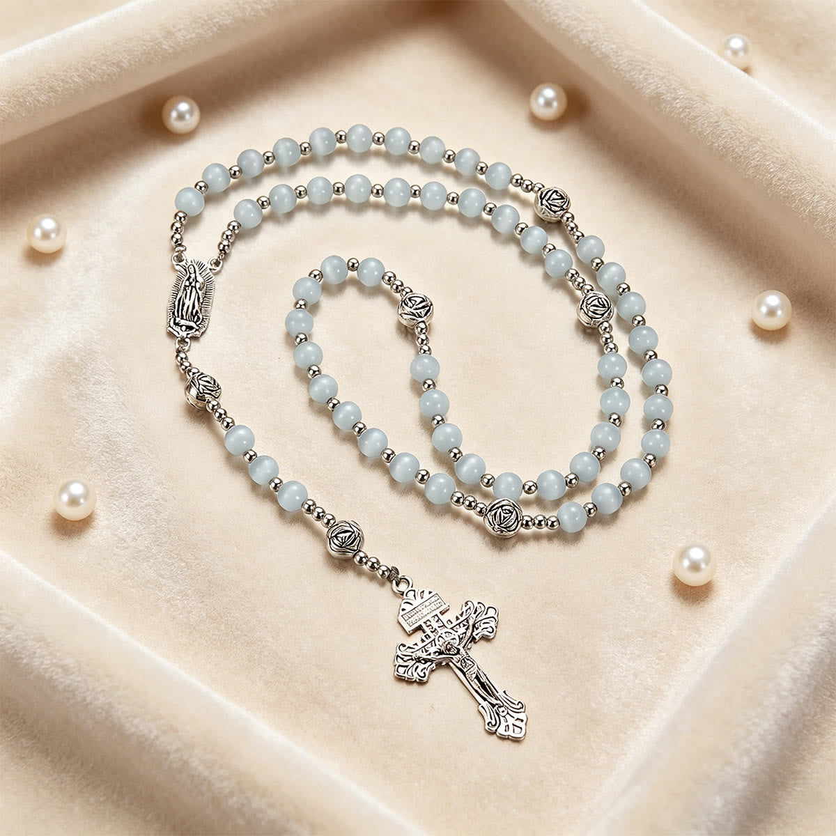 Luminous White Cat Eye Stone Rosary with Our Lady Medal & Ornate Crucifix