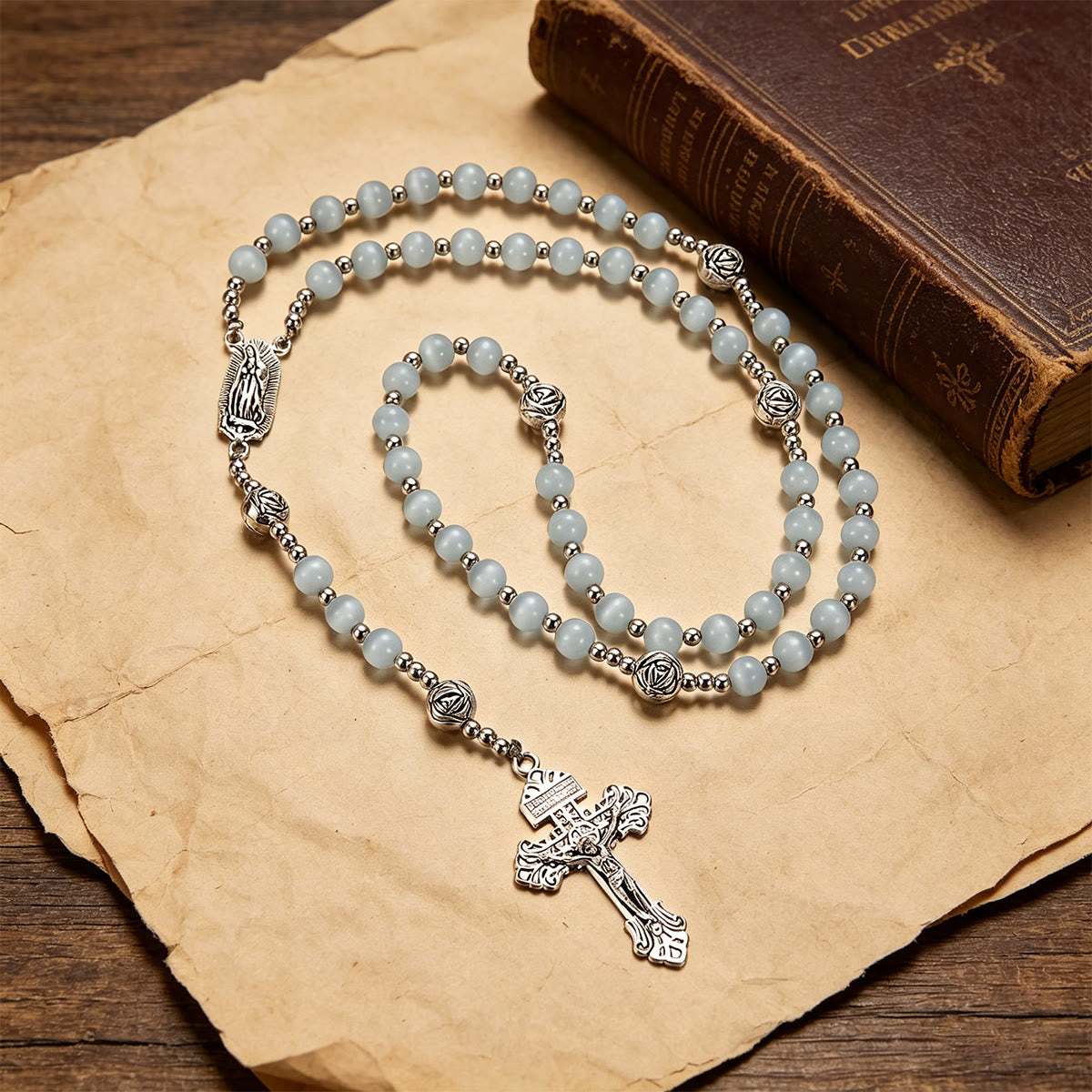 Luminous White Cat Eye Stone Rosary with Our Lady Medal & Ornate Crucifix