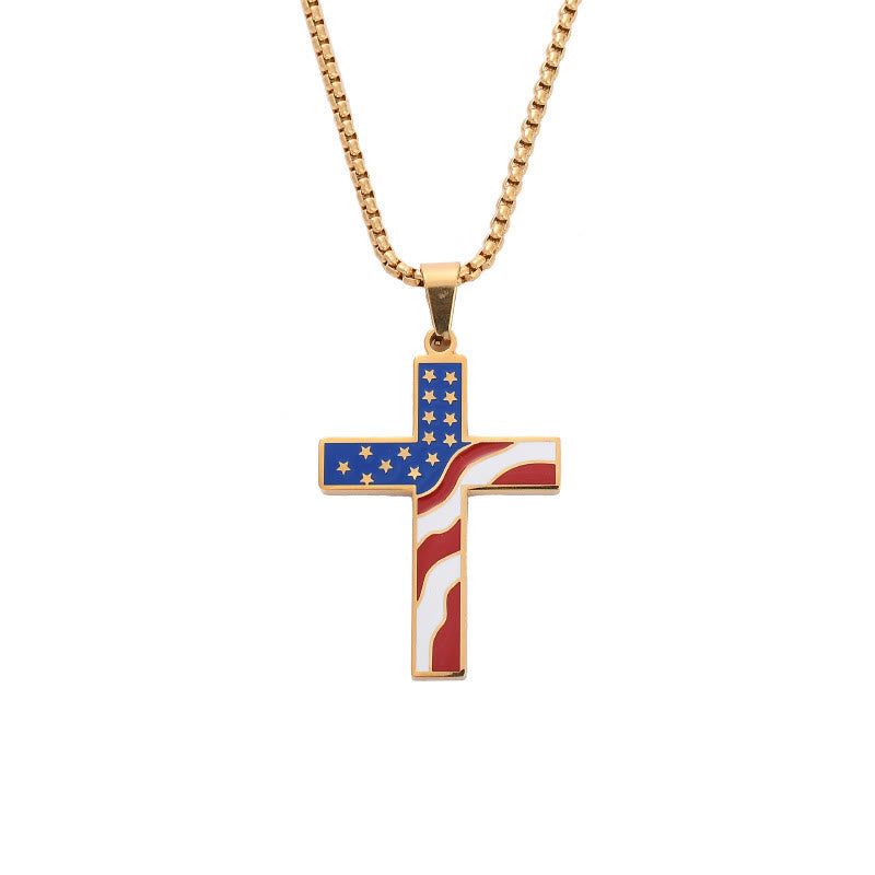 USA Flag Independence Day Cross Necklace: Sacred Faith Patriotic Holiday Pendant Jewelry