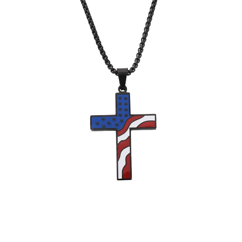 USA Flag Independence Day Cross Necklace: Sacred Faith Patriotic Holiday Pendant Jewelry