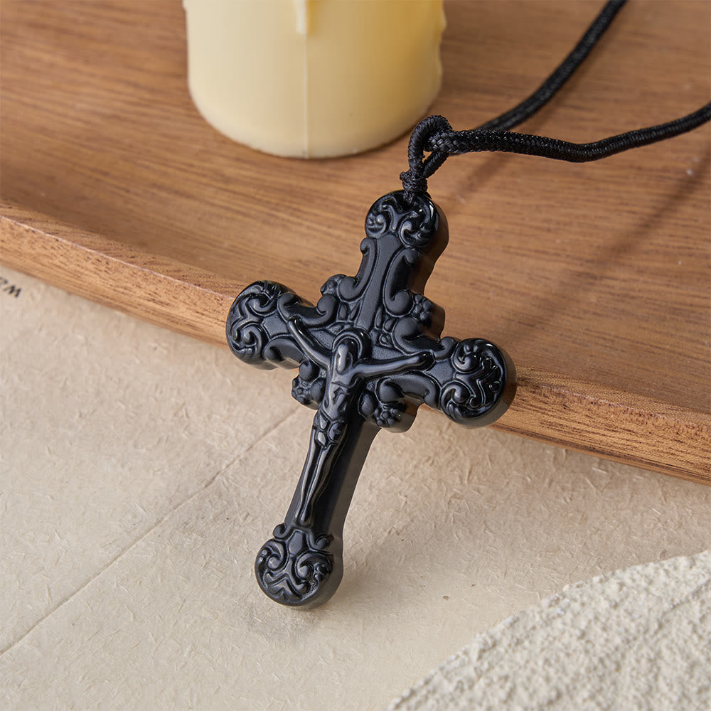 Classic Style Crafted Obsidian Crucifix Pendant Necklace