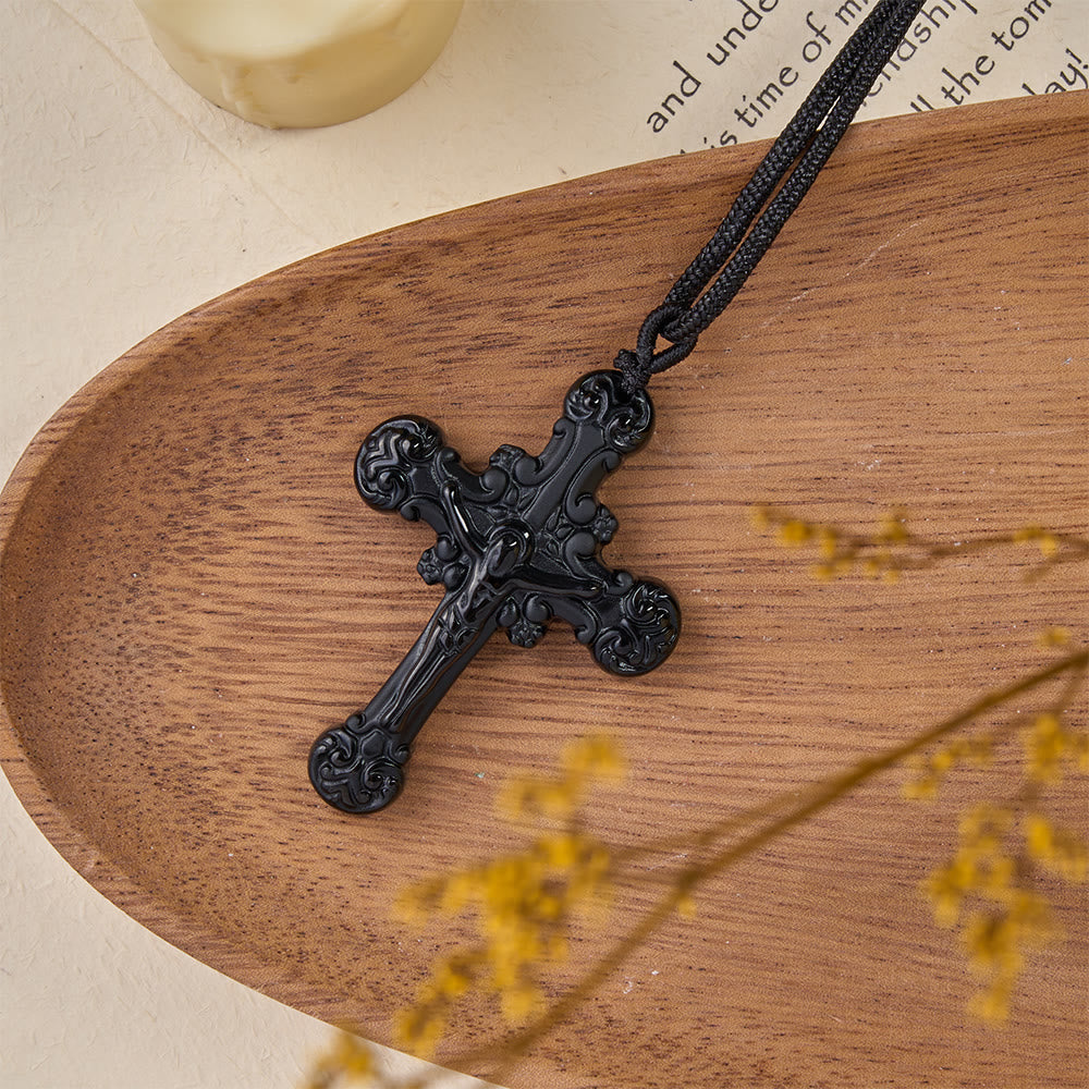 Classic Style Crafted Obsidian Crucifix Pendant Necklace