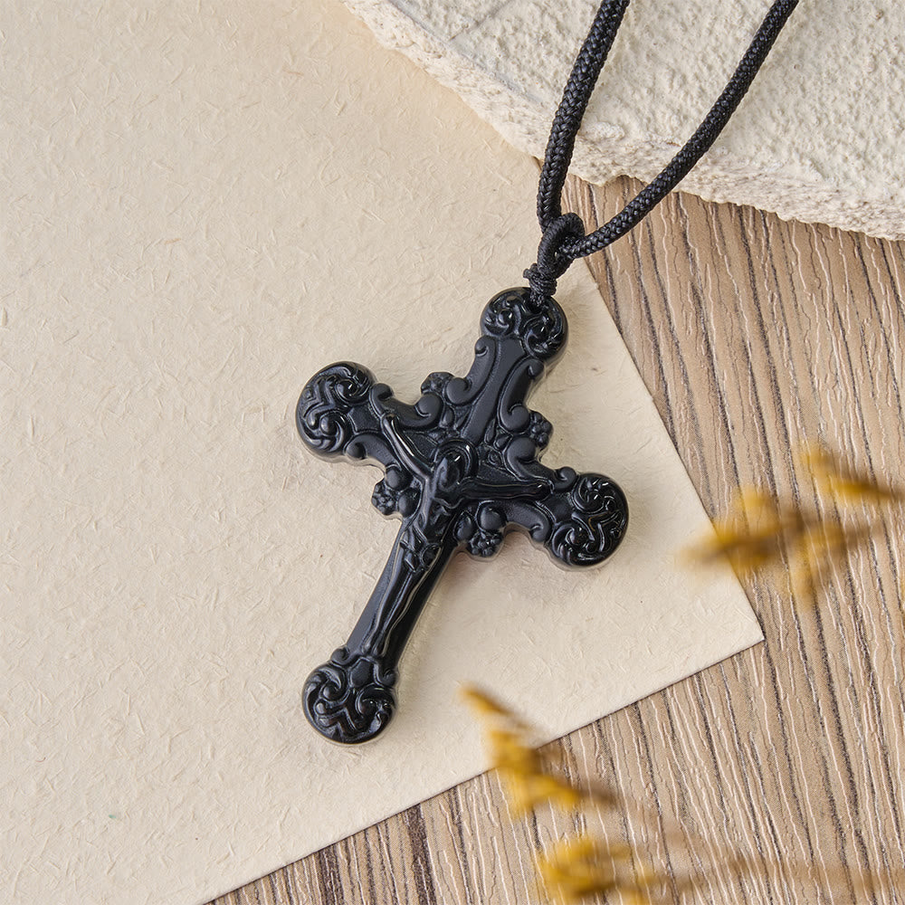 Classic Style Crafted Obsidian Crucifix Pendant Necklace