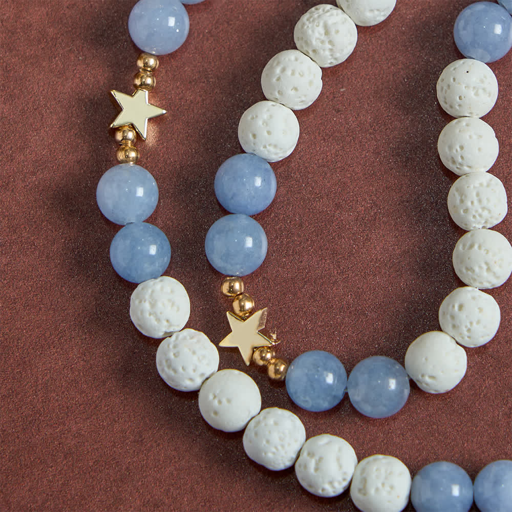 Natural White Volcanic Stone & Aquamarine Beads Rosary: Nature's Calm and Starry Dreams