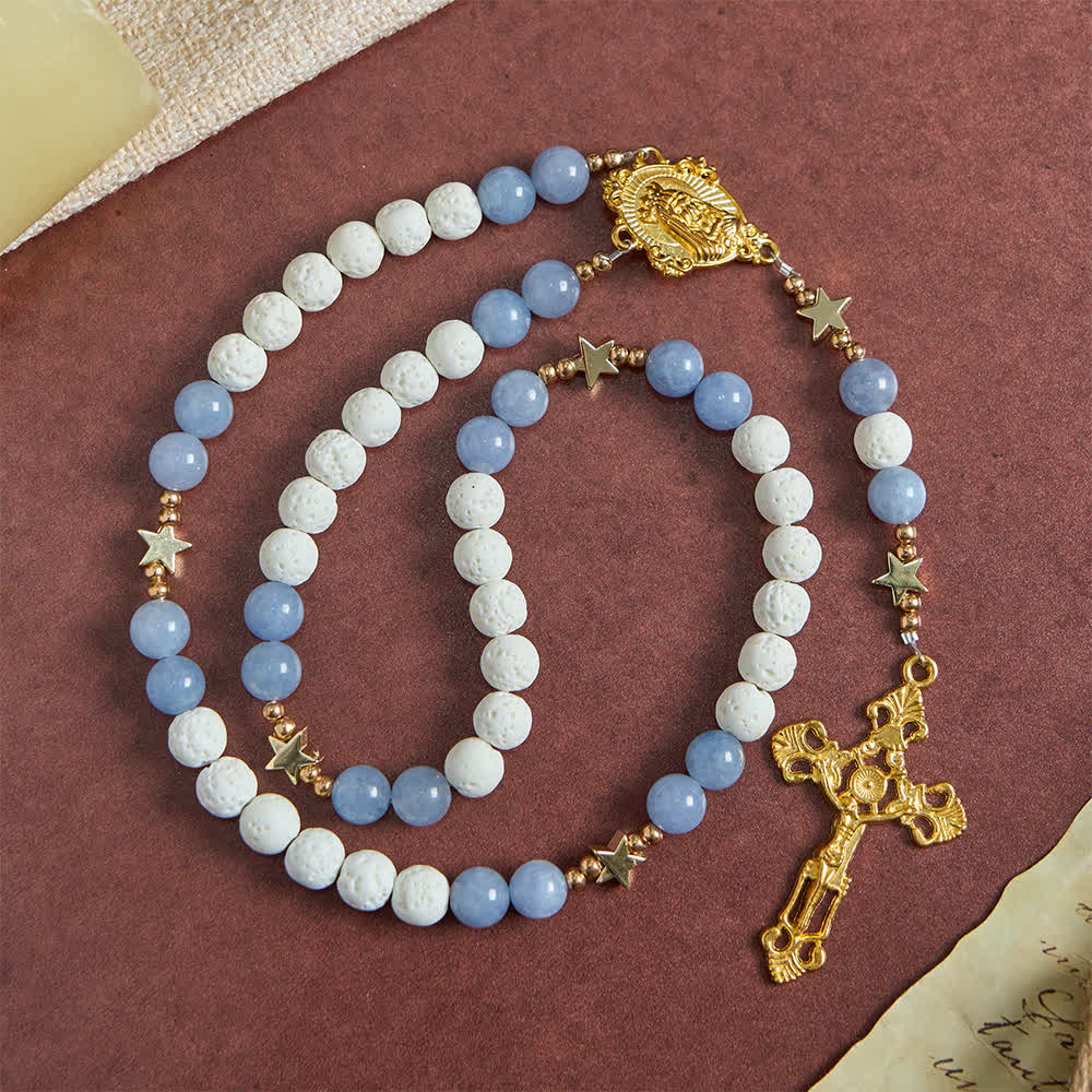 Natural White Volcanic Stone & Aquamarine Beads Rosary: Nature's Calm and Starry Dreams