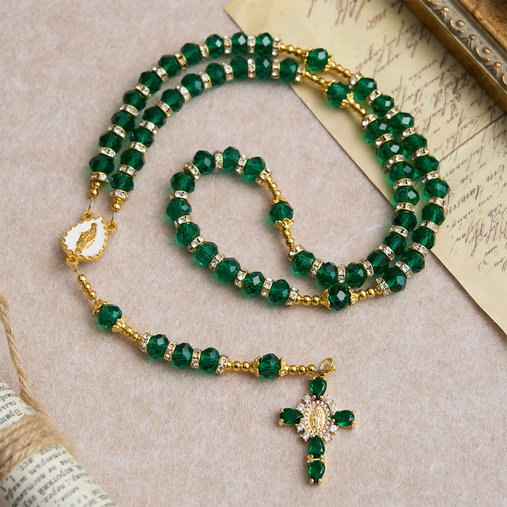 Emerald Green Faceted Glass Rosary with Luxurious Our Lady Cross